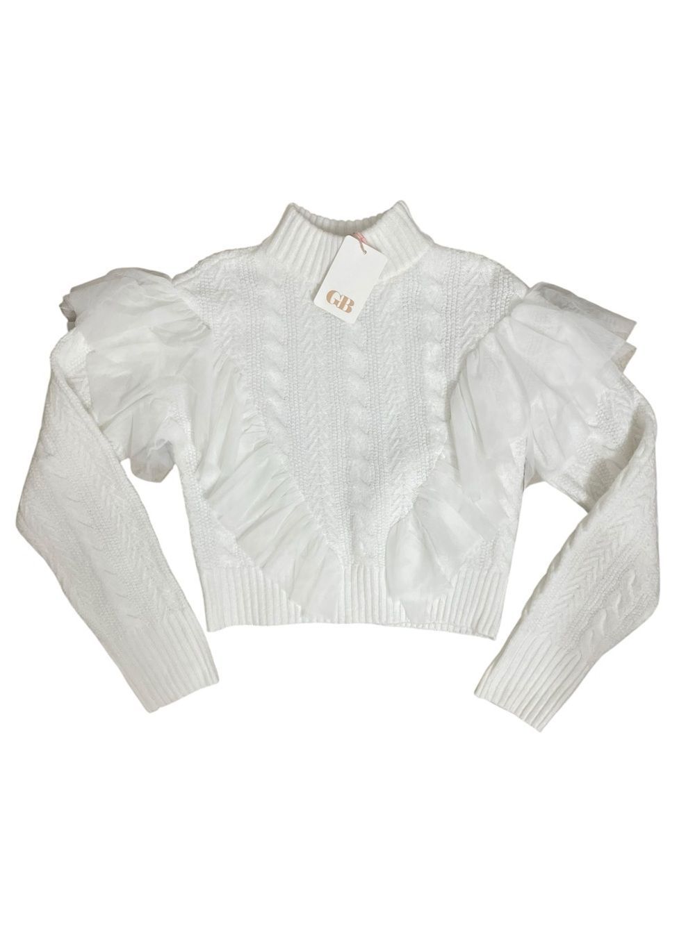 GB White Cable Knit Ruffle Sweater Size S Mock Neck